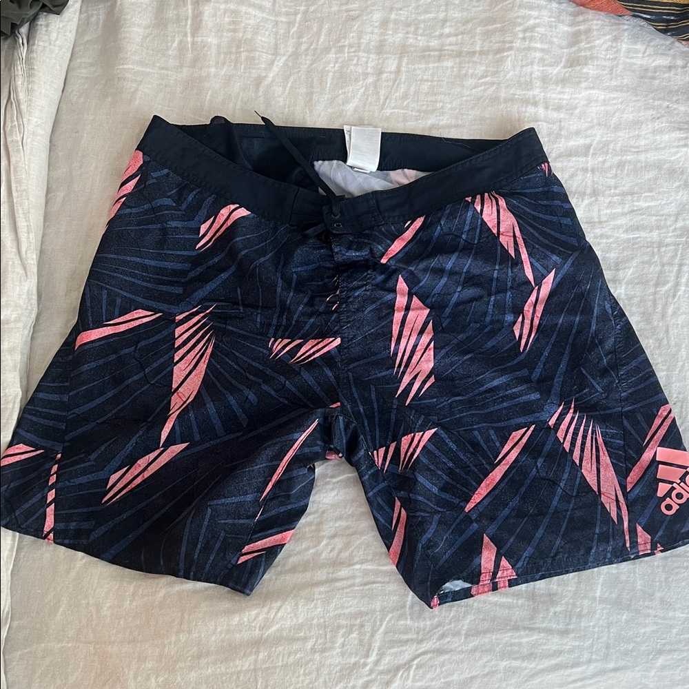 Adidas Men’s Swim Trunks | Navy + Coral Palm Print Board Shorts | Size XL